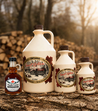 Jugs of MapleSyrup 3 Plastic Jugs & Gallone of Maple Syrup on Log